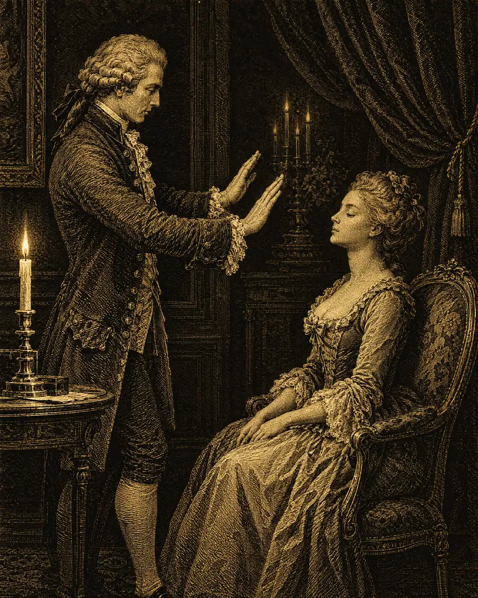 Gravura antiga de um magnetizador do século XVIII fazendo passes sobre uma mulher sentada