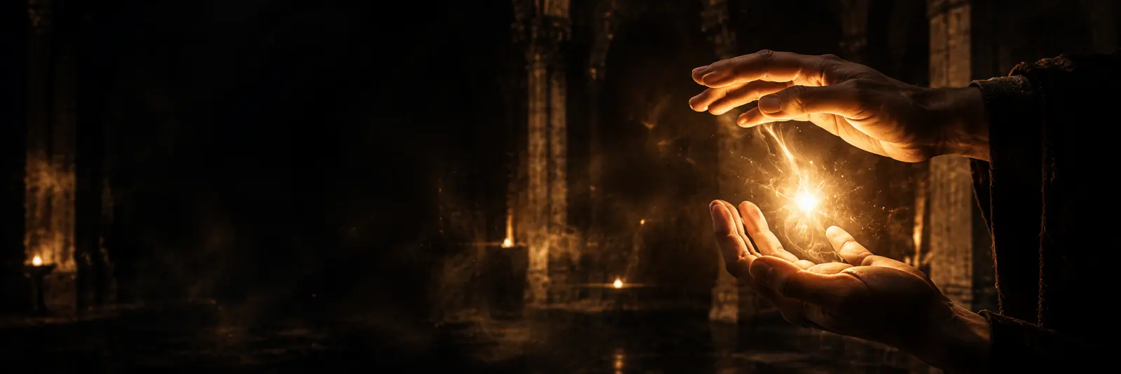 Mãos canalizando uma luz dourada