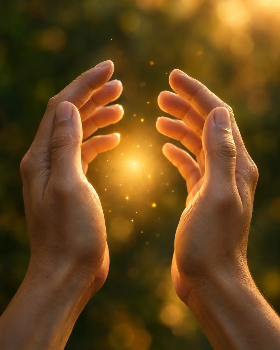 Duas mãos com uma luz dourada entre as palmas