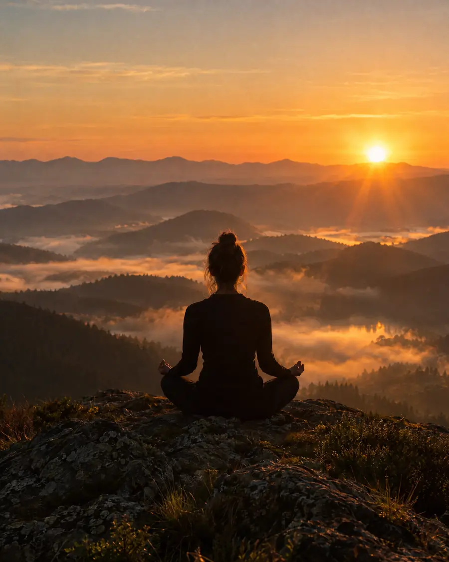 Mulher de costas meditando no topo de uma montanha ao nascer do sol