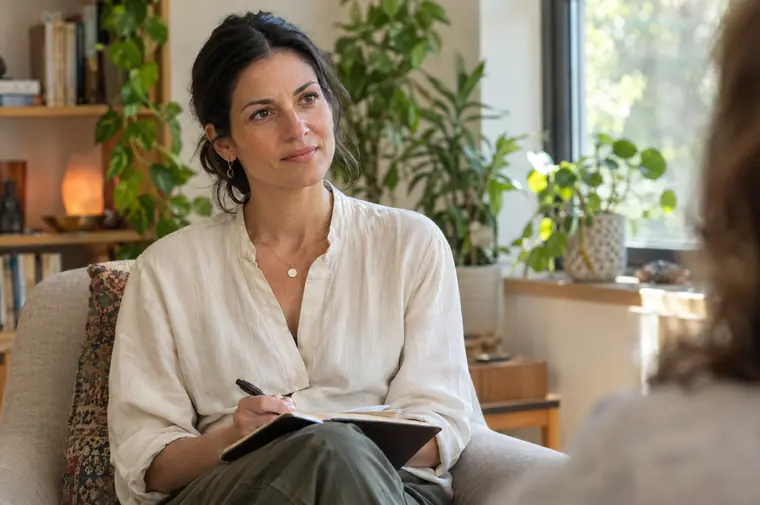 Terapeuta em seu consultório ouvindo atentamente um paciente