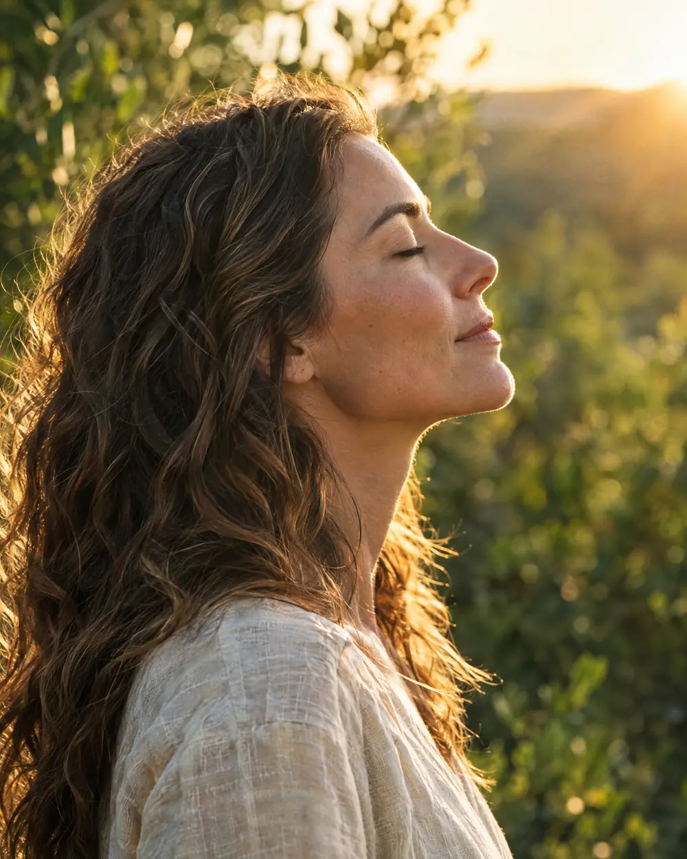 Mulher de perfil, de olhos fechados, voltada para a luz do amanhecer